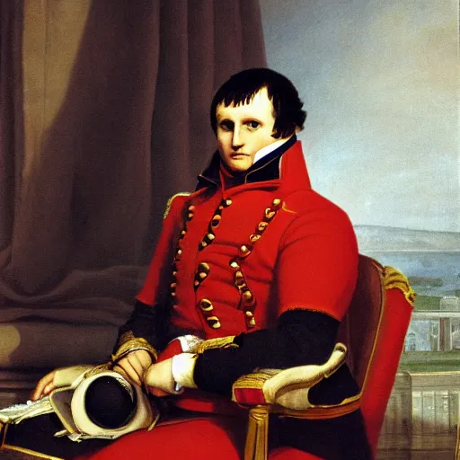 Image similar to photo, napoleon bonaparte sits on twine with his legs widely spread