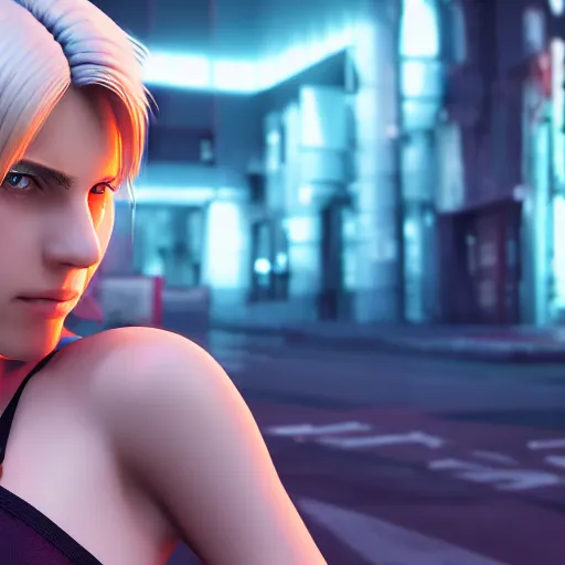 Image similar to Annie Leonhart in a neon city, octane render 8k, photorealistic render, atmospheric render, beautiful face, cute, love tension, realistic skin