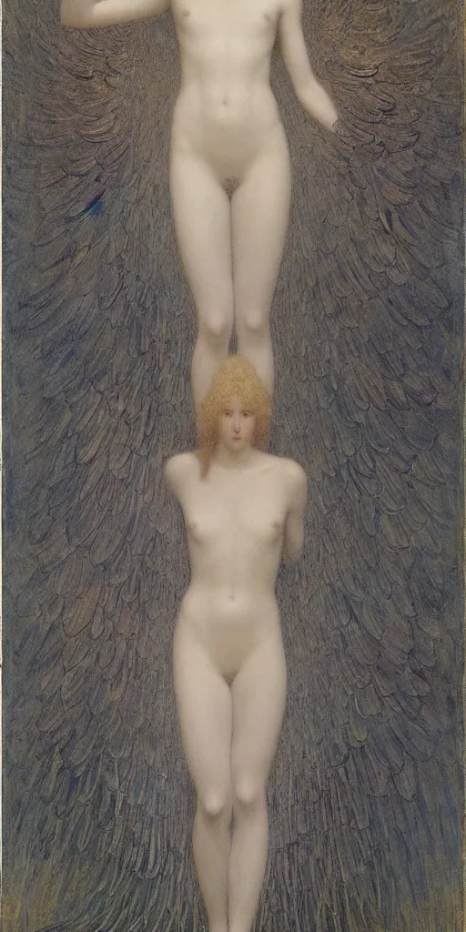 Image similar to Say who is this with silver hair so pale and Wan and thin? Beautiful feminine angel in the style of Jean Delville, Lucien Lévy-Dhurmer, Fernand Keller, Fernand Khnopff, single figure, oil on canvas, 1896, 4K resolution, aesthetic, mystery