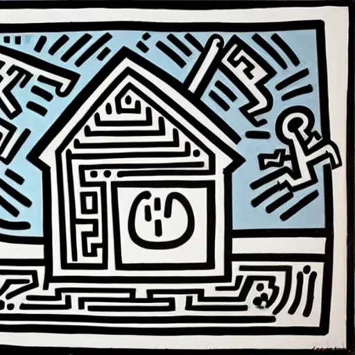 Prompt: a painting of a eerie cabin in the middle of the woods in the style of keith haring