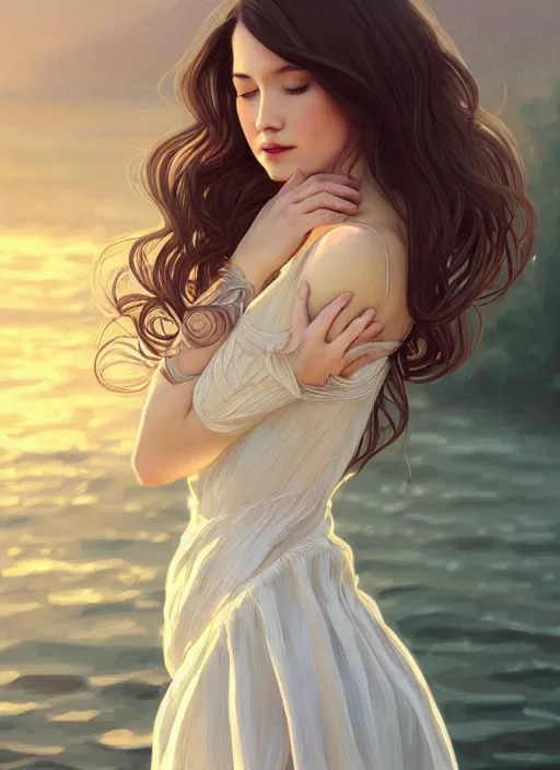 Prompt: long shot, woman posing, short wavy hair, round face, intricate white dress, lakeside, cottagecore!!, intricate, enlightened, highly detailed, digital painting, artstation, concept art, smooth, sharp focus, illustration, inspired by artgerm, by marat safin, and alphonse mucha