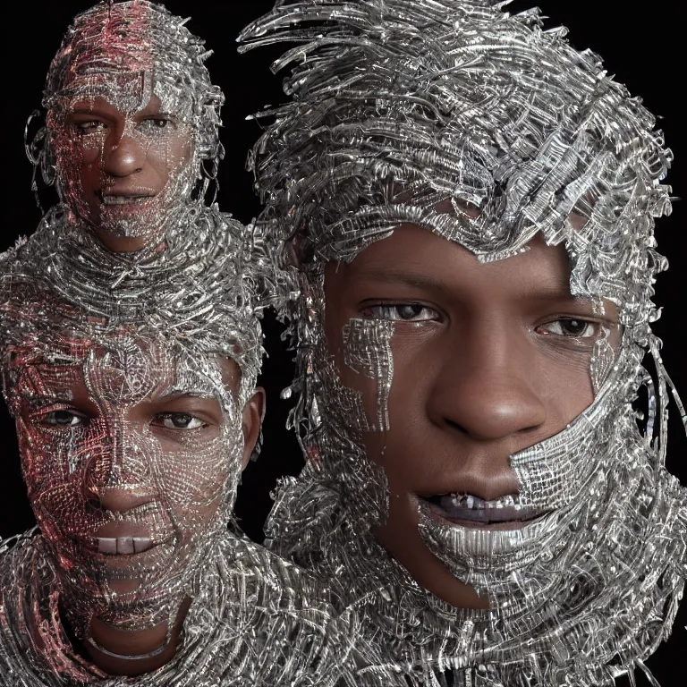 Image similar to hypperrealism octane render portrait by wayne barlow and carlo crivelli and glenn fabry, an afrrican mandinka dancer wearing an elaborate costume made of long strips of aluminum foil and hand - carved mask with intricate painted details surrounded by neon light tubes, cinema 4 d, ray traced lighting, very short depth of field, bokeh