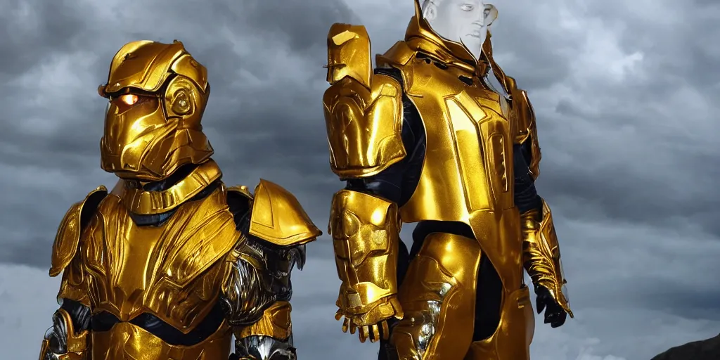 Image similar to zeus in his golden scifi armor ready for a battle, stormy sky,