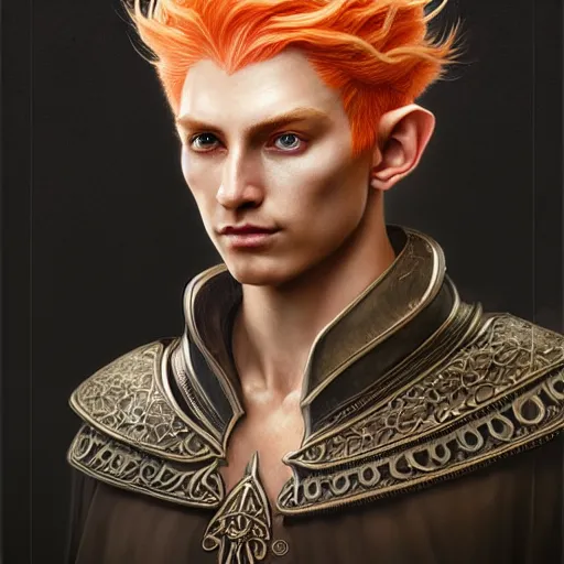 Image similar to portrait painting of a young elven man with a soft face and short light orange hair and tribal tattoos on his face wearing fur armor, ultra realistic, concept art, intricate details, eerie, highly detailed, photorealistic, octane render, 8 k, unreal engine. art by artgerm and greg rutkowski and charlie bowater and magali villeneuve and alphonse mucha