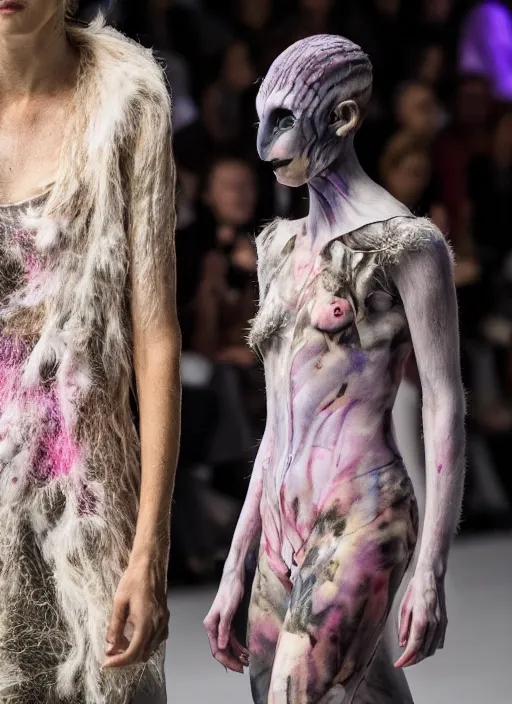 Image similar to hyperrealistic and heavy detailed off white avant garde runway show of thanos ( marvel comics ), leica sl 2 5 0 mm, vivid color, high quality, high textured, real life