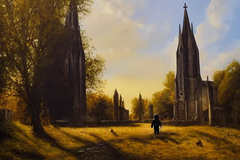 Image similar to a detailed oil painting of darth vader leaving a quaint medieval flint church, english, churchyard, trees, golden hour, lead - covered spire, realistic
