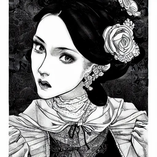 Image similar to Portrait a woman in Victorian clothing, Art by Yana Toboso, manga, black and white, japanese ink, high contrast, digital art