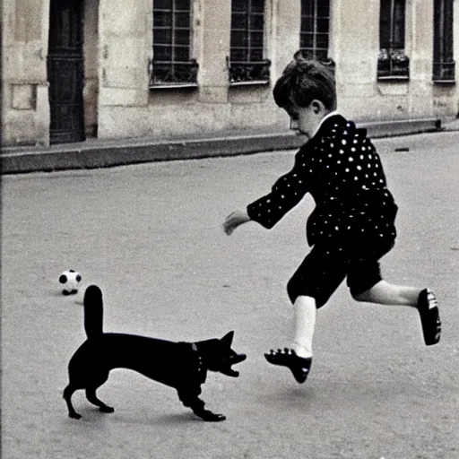 Image similar to book illustration of a french boy on the streets of paris playing football against a corgi, the dog is wearing a polka dot scarf, 1 9 6 6