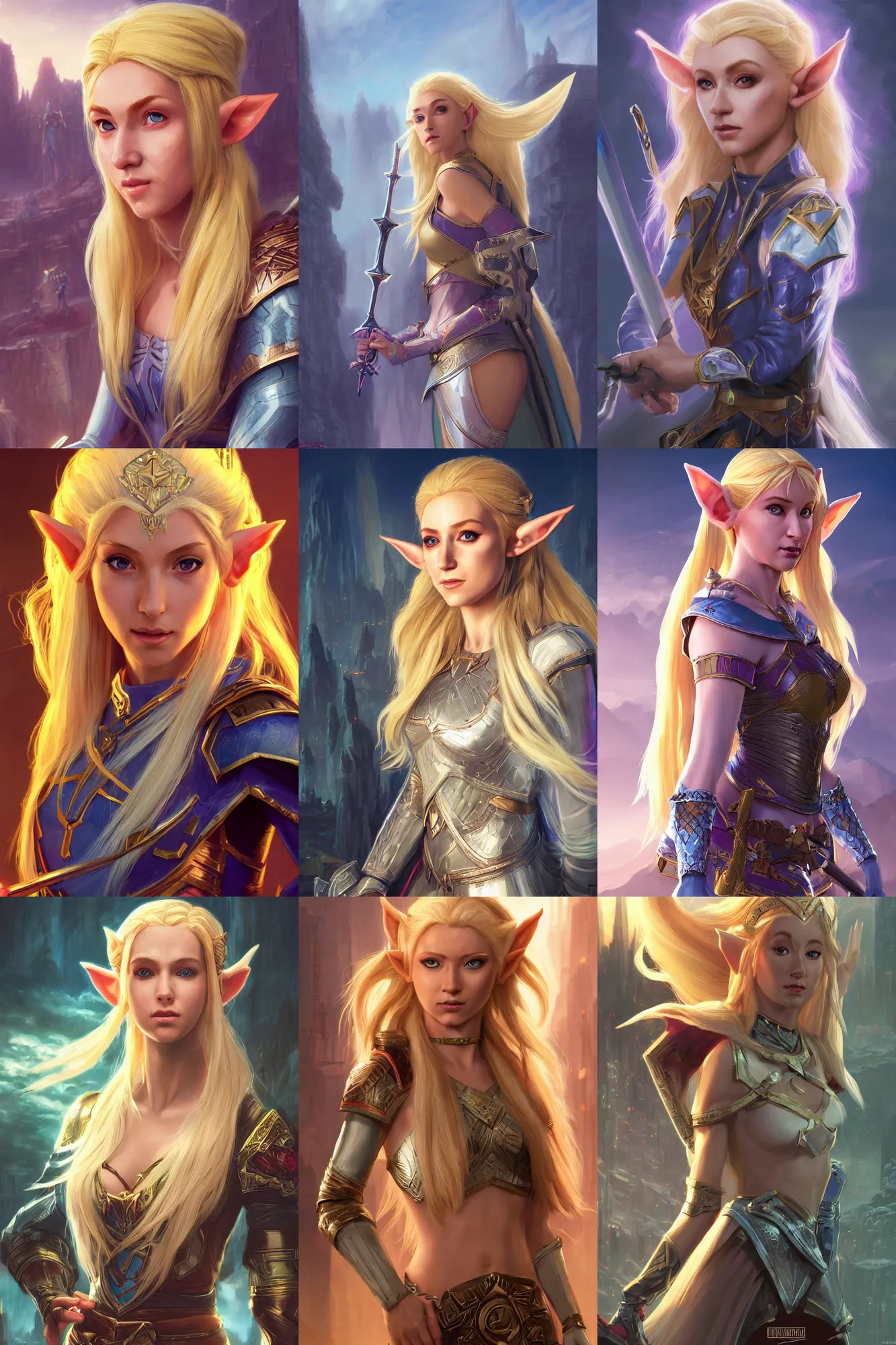 Prompt: A comic book style portrait painting of a blonde female elf cleric, princess Zelda in a stunning cyberpunk landscape, semi-realism, unreal 5, DAZ, hyperrealistic, octane render, RPG portrait, dynamic lighting, daily deviation, very very very very very beautiful, character illustration by Greg Rutkowski, Thomas Kinkade