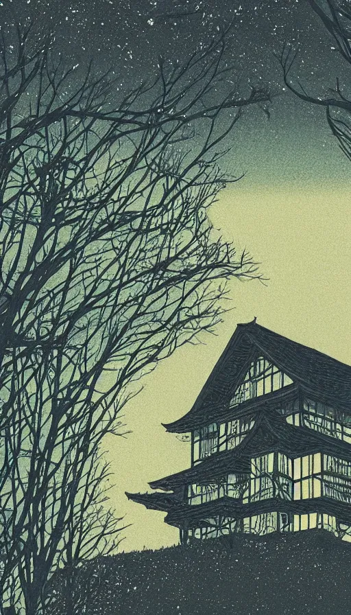 Prompt: witch house space, sharp focus, risograph, kawase hasui, alexander wells, cinematic, game art