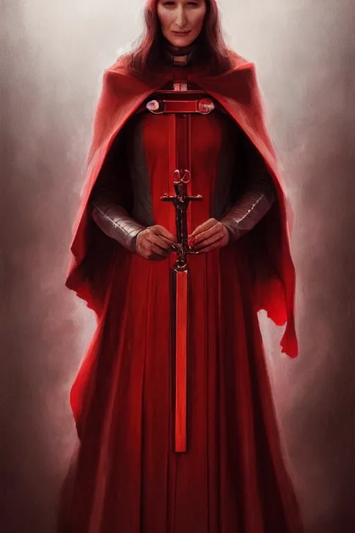 Image similar to carice van houten as a red priest, anatomy, only two hands, highly detailed, digital painting, artstation, concept art, smooth, sharp focus, illustration, unreal engine 5, 8 k, art by art by artgerm and greg rutkowski and edgar maxence