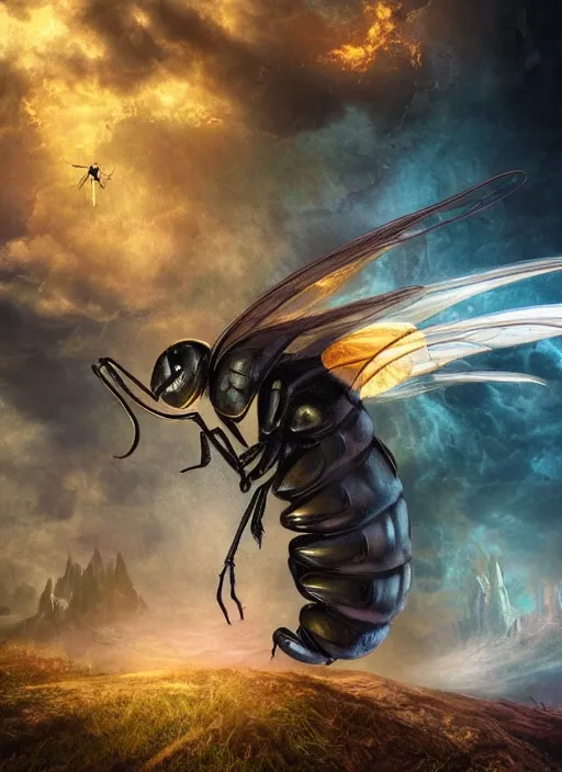 Prompt: photo of a crazy wasp, warped reality, cinematic lighting, fantasy landscape, artstation, art by alison watt, altichiero, americo makk, arthur hughes