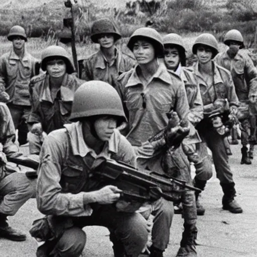 Image similar to BTS boyband fighting in the Vietnam war, historical photo, vintage photo, 1965