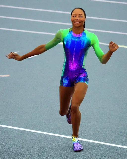 Image similar to stock photos of allyson felix, wearing a skin tight futuristic iridescent tracksuit, crouching at the 2 0 0 - meter starting line, hyperreal, she is sweating profusely