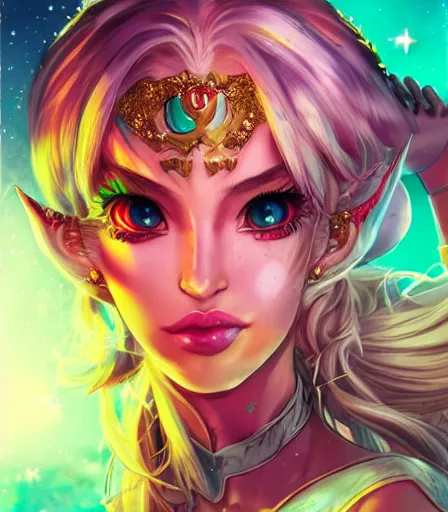 Prompt: hyper detailed comic illustration of a Elfpunk Sailor Moon, hourglass figure, gorgeous face, by artgerm intricate details, bright vibrant colors , solid background, low angle fish eye lens