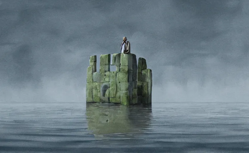 Prompt: pov hyperrealist, dull colors, interior shot from howls moving castle 2 0 0 4 of a monk perched on a grey cube inside a cubic bubble in a flooded stonehenge pyramid. bubble.