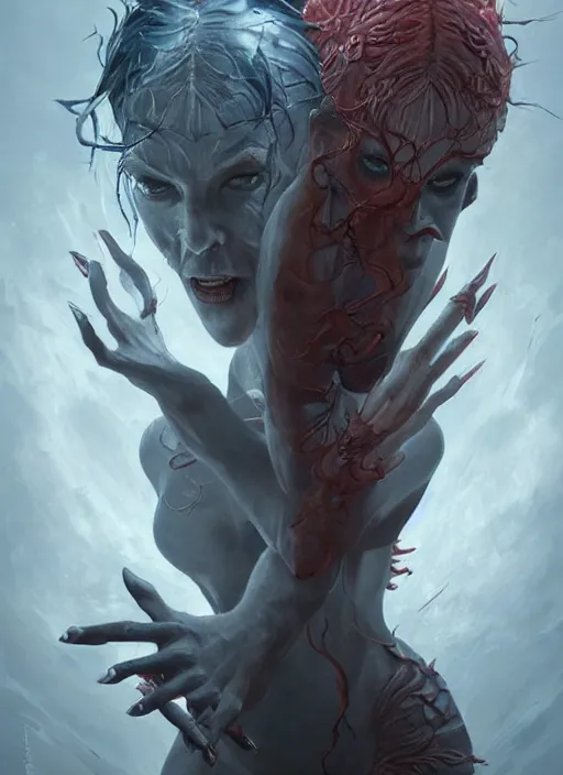 Image similar to a detailed full body portrait of 2 female monsters facing off, queen of blades, mutation, by dorian cleavenger, zdzisław beksinski, by artgerm, by bastien lecouffe - deharme trending on artstation