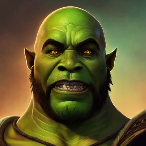 Image similar to Portrait of a warcraft orc, green skin, black beard, bald, fierce and wild look, mattepainting concept Blizzard pixar maya engine on stylized background splash comics global illumination lighting artstation lois van baarle, ilya kuvshinov, rossdraws