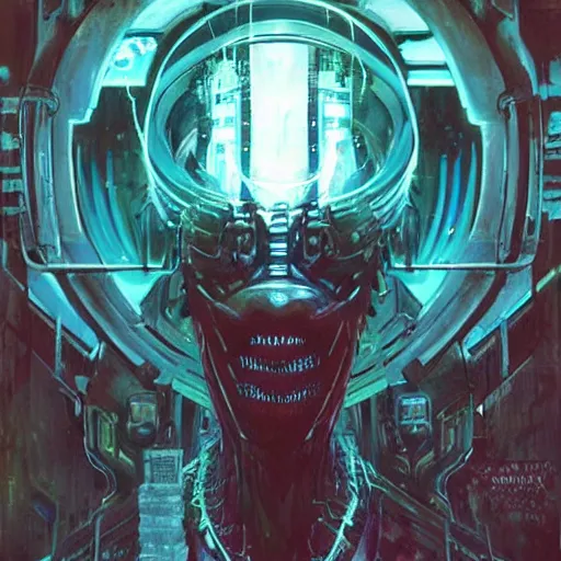 Prompt: shodan from system shock 2, painted by greg rutkowski, painted by drew struzan