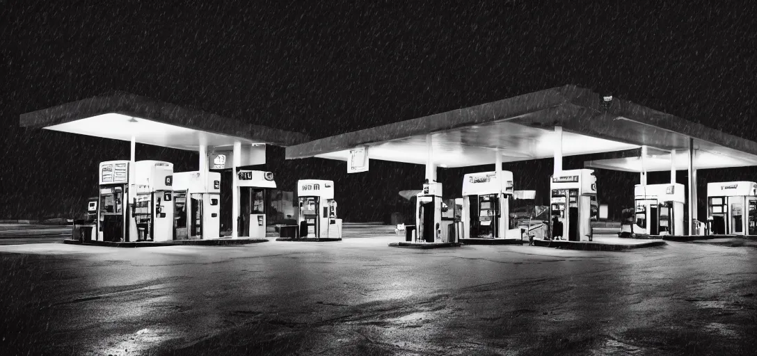 Prompt: Look of a lonely gas station, rain, night, noire moody scene, digital art, 8k, moody details