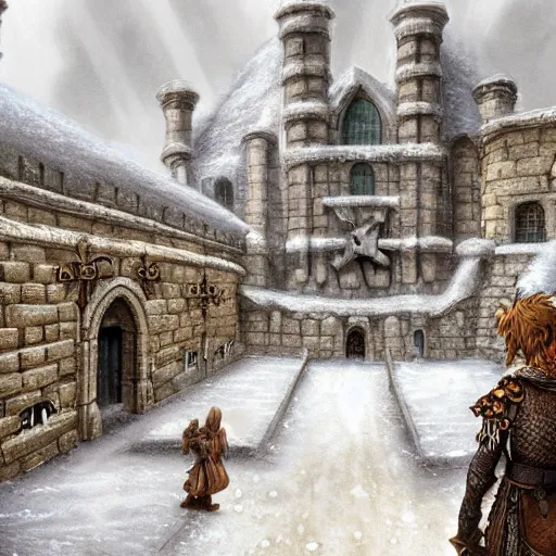 Prompt: fantasy concept art, high detail, 8k, snow covered walled medieval city, labyrinth in the background