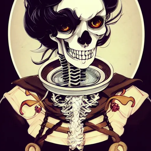 Prompt: anime manga skull portrait young woman skeleton, cuphead, steamboat willy, intricate, elegant, highly detailed, digital art, ffffound, art by JC Leyendecker and sachin teng