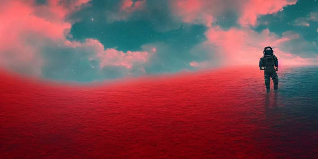 Prompt: an astronaut emerging from an ocean of red water, otherwordly sky, cinematic, 35mm, photography, High definition, 8k, detailed, deprh of field, photorealistic, epic atmosphere