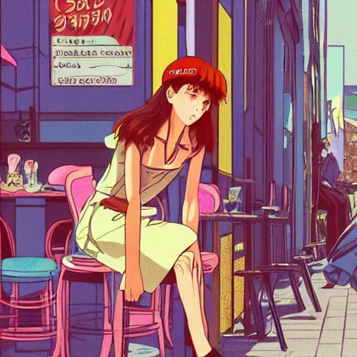 Prompt: young woman at a cafe in paris, graphic novel, visual novel cg, 8 0 s anime vibe, vaporwave nostalgia, vogue magazine, kimagure orange road, maison ikkoku, city hunter, great teacher onizuka