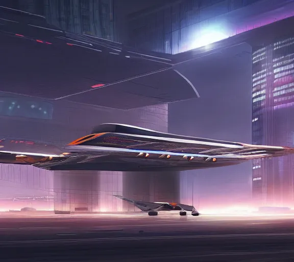 Image similar to immense futuristic sci fi jet lands at runway of cyberpunk city, night photo ,dark cinematic lighting , digital concept art