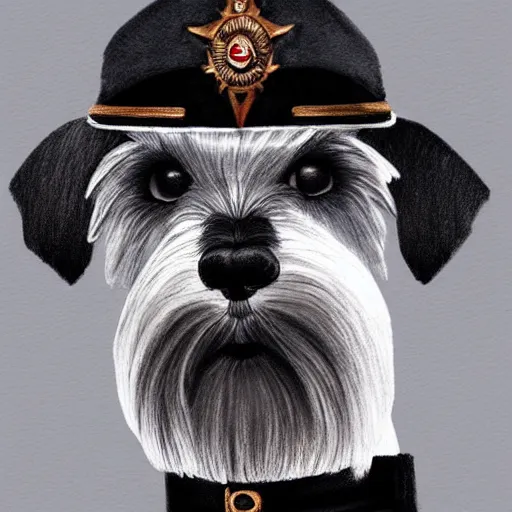 Image similar to portrait of stoic looking miniature schnauzer, military uniform, black fir, white eyebrows, fantasy, intricate, elegant, highly detailed, centered, dark, smokey, charcoal painting, digital painting, artstation, concept art, smooth, sharp focus, illustration, art by artgerm