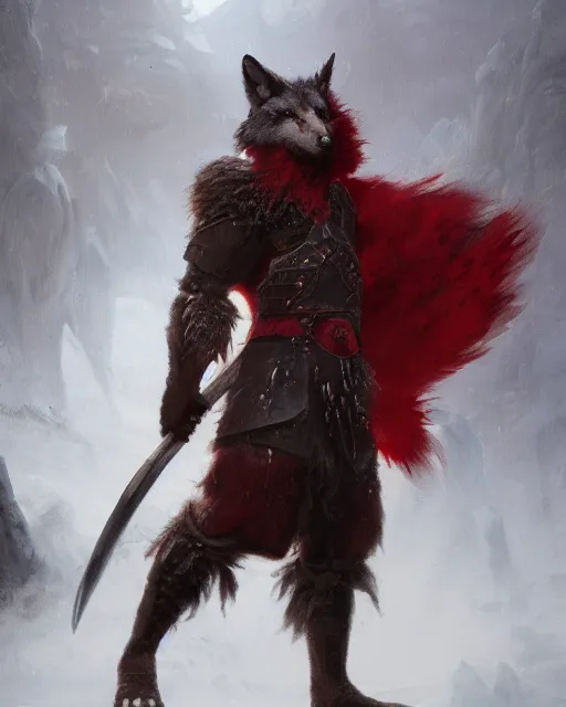 Image similar to oil painting of Anthropomorphized Wolf Berserker, wearing red fur cloak, sharp focus, holding big Axe, heroic pose, fantasy style, octane render, volumetric lighting, 8k high definition, by greg rutkowski, highly detailed, trending on art Station, magic the gathering artwork, burning Battlefield backround, centered