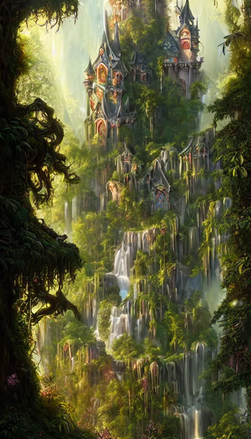 Image similar to fairy palace, castle towers, sunbeams, gothic towers, Japanese shrine waterfall, gold and gems, gnarly details, lush vegetation, forest landscape, painted by tom bagshaw, raphael lacoste, eddie mendoza, alex ross concept art matte painting