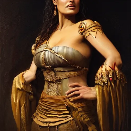 Image similar to the portrait of salma hayek as amazon in intricate dress by roberto ferri, fantasy, witcher, very detailed oil painting, masterpiece, 8 k