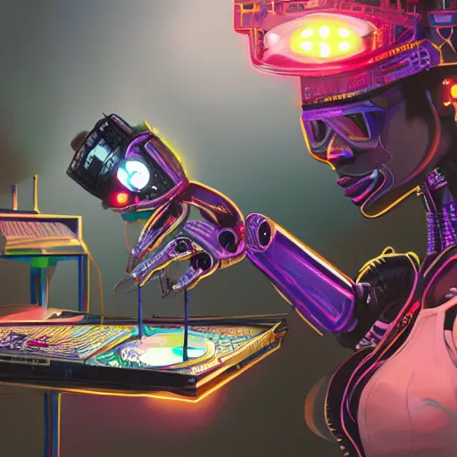 Image similar to a black girl fixing a robot, in the nature, mixing solarpunk, afropunk and cyberpunk technology and aesthetic ( ( ( ( volumetric light ) ) ) ), high angle, part by pearl fryar, part by prince damah, sunny day, trending on artstation, high detailed, cinematic view, illustration, painting.