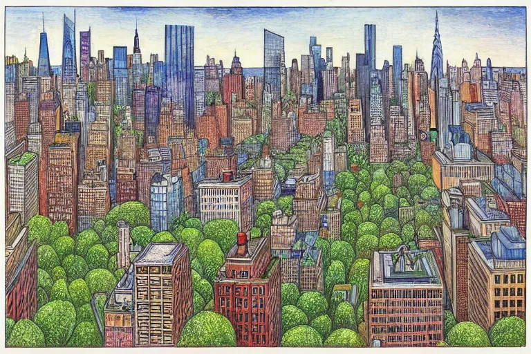 Prompt: a realistic Manhattan cityscape, from the roof, Central park by Louis Wain (1920), golden ratio, sharp linework, clean strokes, sharp edges, flat colors, cell shaded, trending on artstation