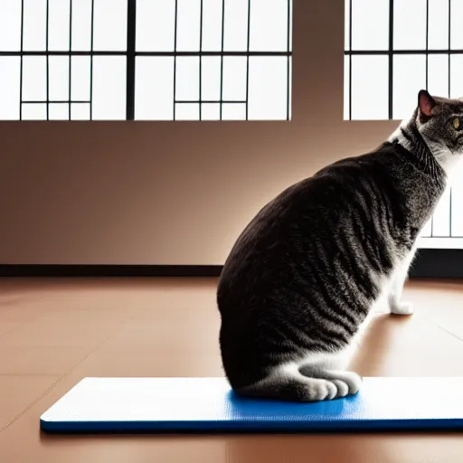 Image similar to a very fat cat doing exercises at the gym, photorealistic, hd