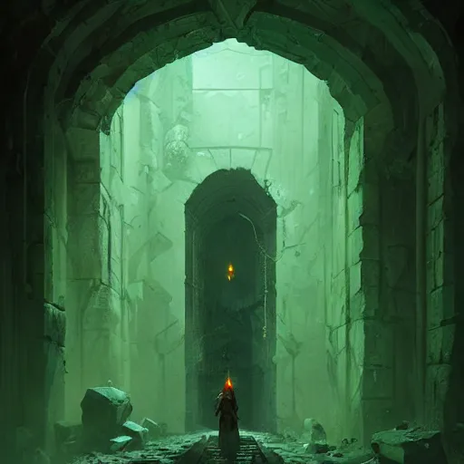 Image similar to dark stone hallway with green goo in the corners as an adventurer with a torch walks through, by greg rutkowski