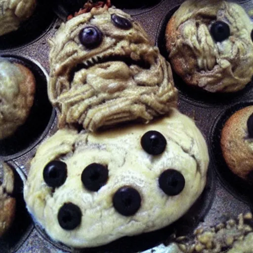 Image similar to muffin man in the style of hr giger