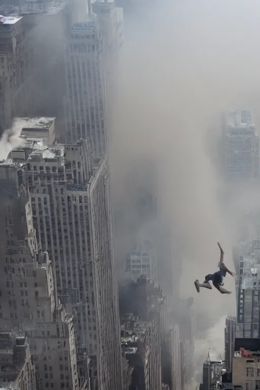 Image similar to a man jumping from a building in New York, dust explosion fog