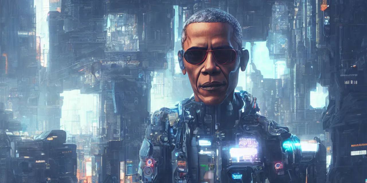 Prompt: a portrait of cyberpunk obama, hyperdetailed, artstation, accurate, octane render, surreal, 8k