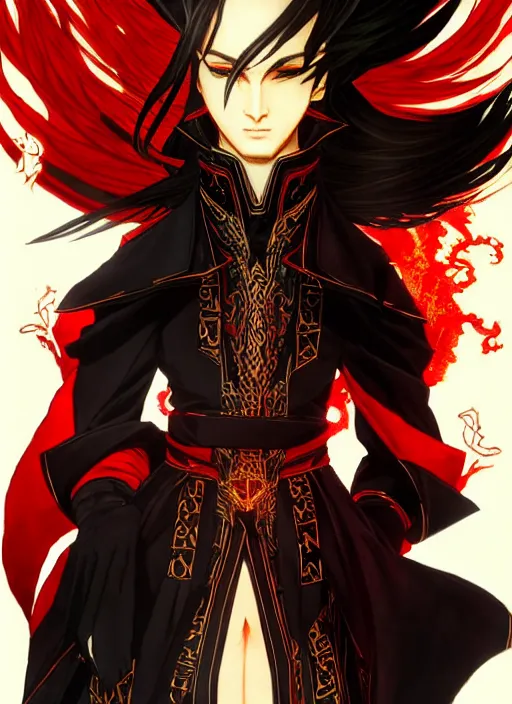 Image similar to Half body portrait of a handsome elf fire mage with long black hair wearing ornate scarlet robe, fire magic. In style of Yoji Shinkawa and Hyung-tae Kim, trending on ArtStation, dark fantasy, great composition, concept art, highly detailed, dynamic pose.