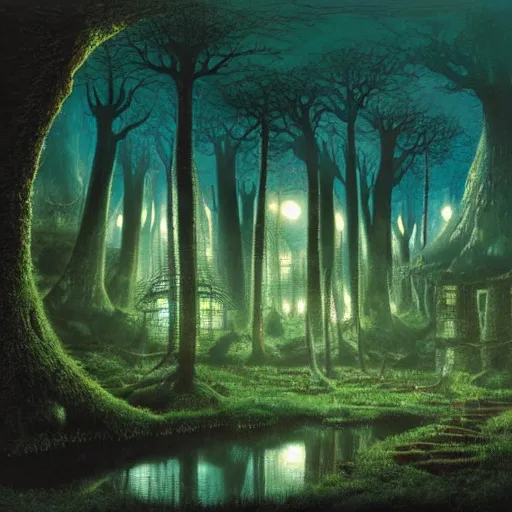 Prompt: a deep forest mushroom village, shrouded in greenish mist. on the edge of a pond that is shimmering in the moonlight, mystical landscape by John Howe