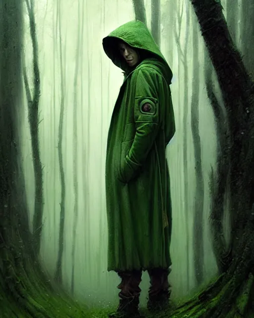 Image similar to portrait Green hooded jacket coat Hunter man elf, long-haired At the rainy forest, ambush, movie still By greg rutkowski, tom bagshaw, beksinski