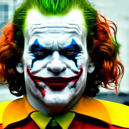 Prompt: film still photo portrait of ronald mcdonald in the joker ( 2 0 1 9 ) film, ronald mcdonald, realistic, hyperrealistic, 8 k resolution, hd quality, very detailed, highly detailed, intricate details, real life, real world, trending on artstation, digital art, really realistic, very realistic, headshot, head in frame, photograph, portrait