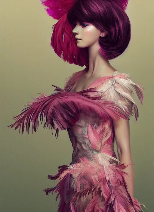 Image similar to beautiful teen girl with an eccentric pink haircut wearing an dress made of feathers, artwork made by ilya kuvshinov, inspired in donato giancola, anatomically perfect