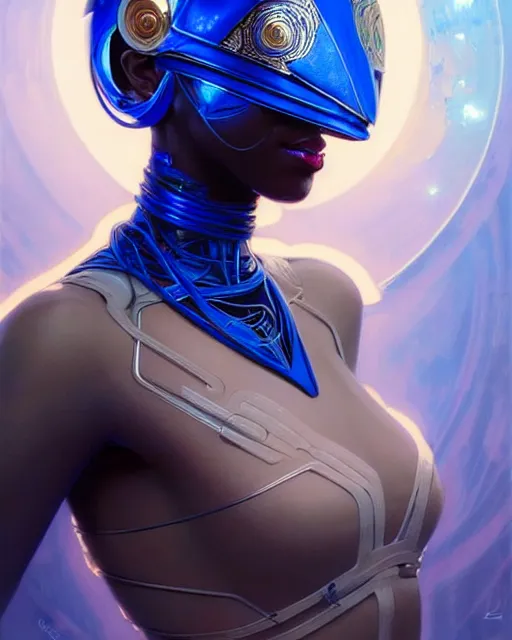 Prompt: Portrait of very very very very very very beautiful african woman, spacesuit, futuristic cybernetic helmet, blue eyes, real life skin, intricate, elegant, highly detailed, artstation, concept art, smooth, sharp focus, art by artgerm and greg rutkowski and alphonse mucha