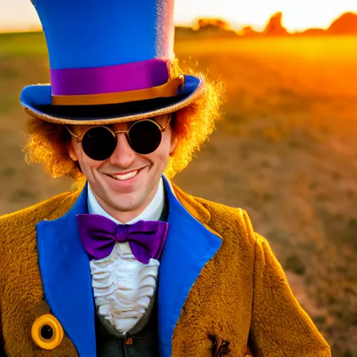 Image similar to Willy Wonka portrait, golden hour, EOS-1D, f/1.4, ISO 200, 1/160s, 8K, RAW, unedited, symmetrical balance, in-frame