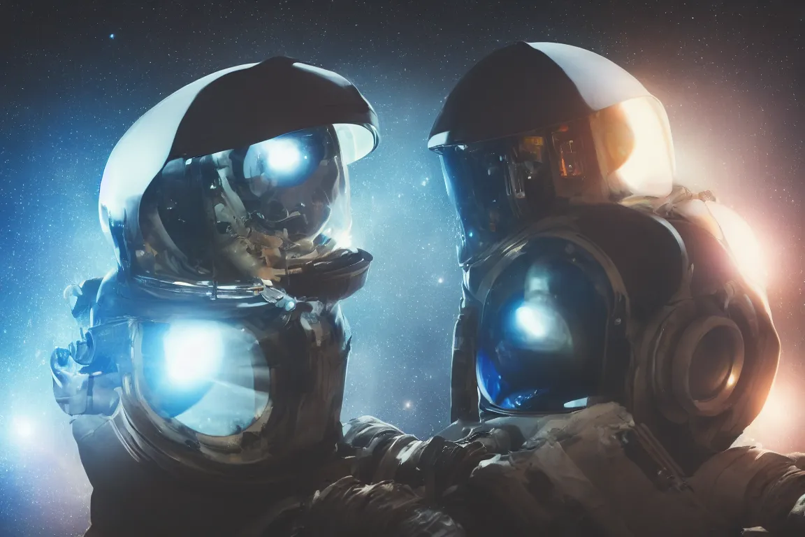 Prompt: photorealistic scene of one cyberpunk astronaut helmet with light reflection looking at space with cosmos background, extremely close shot, 8k, cinematic, epic