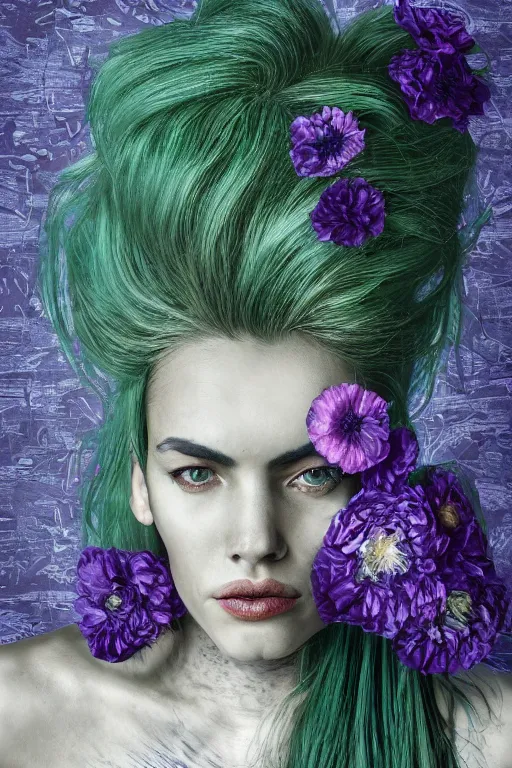 Prompt: portrait of a woman with cracked stripped skin. close up, dark blue-green hair, dark flower pattern wallpaper background, high detail, by Eddie Mendoza