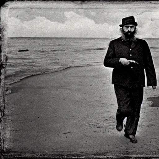Prompt: an old photograph of Fidel Castro smoking a cigar and walking in the beach. There is a storm in the background. 1850s color photography. Award winning.